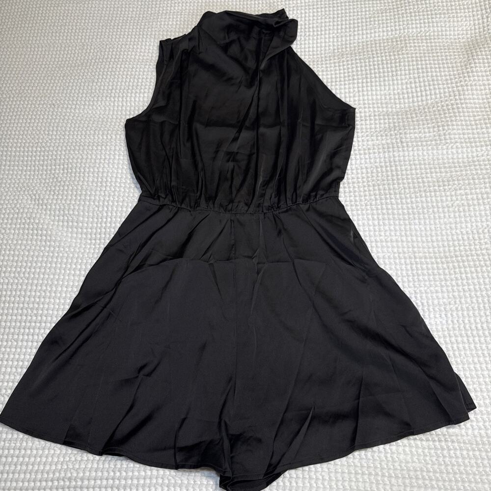 BTFBM Womens Satin Mock Neck Sleeveless Summer Shorts Romper Solid Black Lg NWT